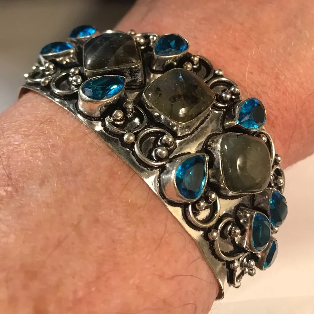 Labradorite Blue Topaz Stamped 925 Sterling Silver Cuff Bracelet